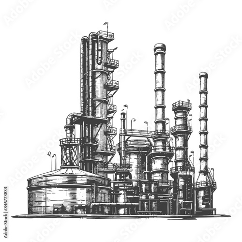 Detailed Hand-Drawn Oil Refinery: Industrial Sketch, Tank, Pipes, and Chimneys.