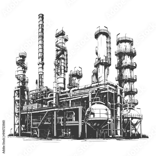 Monochrome refinery complex, detailed line art.