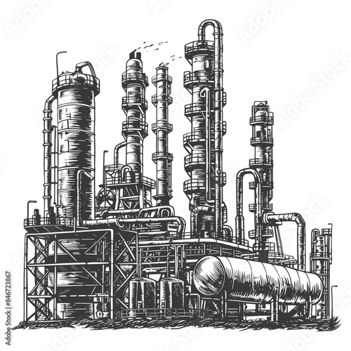 Refinery Complex: Detailed Hand-Drawn Petrochemical Plant Illustration.
