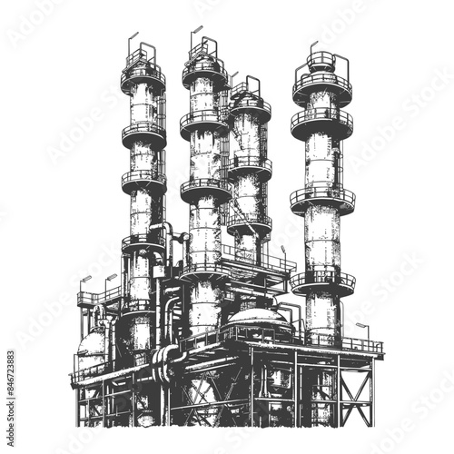 Industrial Plant, Hand-Drawn Sketch, Petrochemical Complex, Black and White Detail