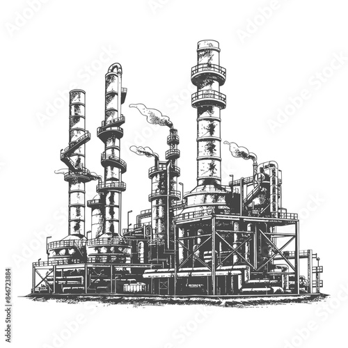 Industrial Refinery Sketch: Detailed Hand-Drawn Plant with Towers and Smoke.