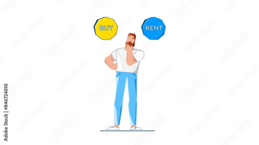 2D Illustration of Man Stands Contemplating Between Buying or Renting a Home. Decision-Making Process and Factors Involved in Choosing Between Ownership and Tenancy. 2D Illustration of Man Stands Contemplating Between Buying or Renting a Home. Decision-Making Process and Factors Involved in Choosing Between Ownership and Tenancy.