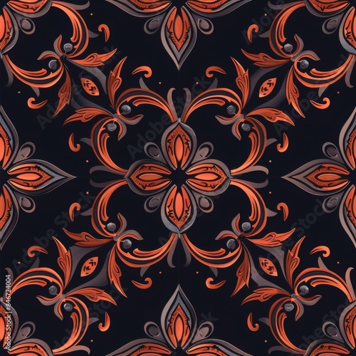 Seamless pattern. Ornate floral pattern with intricate red and gray designs on a black background. Seamless pattern for elegant design and print