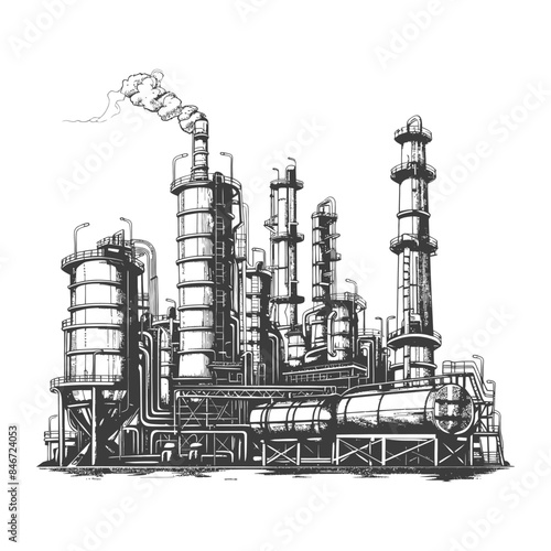Monochrome Refinery Sketch: Detailed industrial plant vector illustration with smokestack and pipelines.