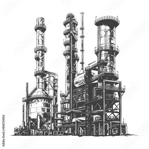 Industrial Complex Sketch: Detailed Petrochemical Plant, Intricate Steel Structures, Black and White.