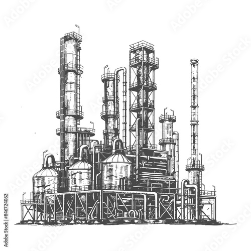 Monochrome Petrochemical Plant: Industrial Complex Sketch with Detailed Pipework and Towers.