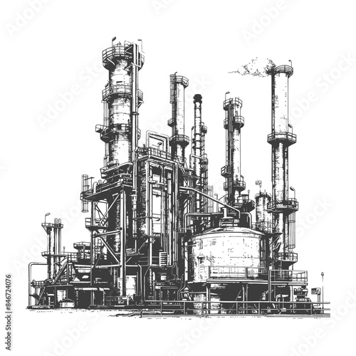 Industrial Plant Complex: Detailed Black and White Pen Sketch Illustration
