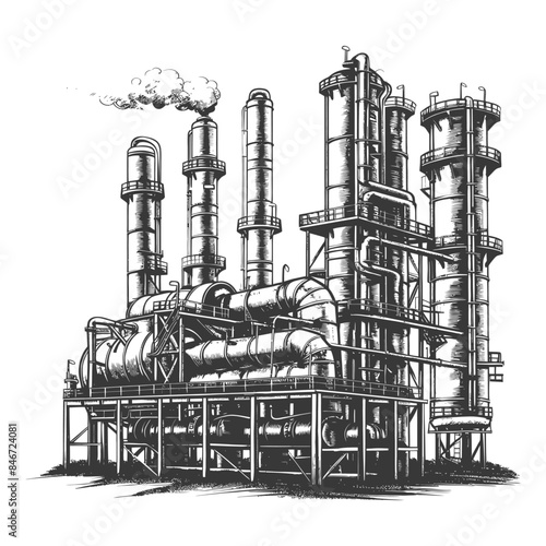 Ink Sketch: Industrial Plant with Towers, Pipes, and Smoke Stacks.
