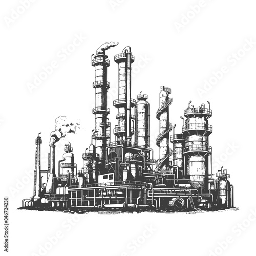 Monochrome Petrochemical Plant Illustration: Distillation Towers, Pipes, and Industrial Detail.