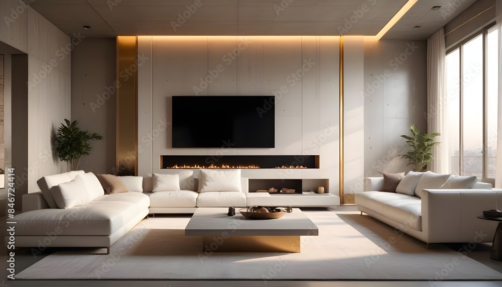 High end modern living room with white leather couch and a large flat screen tv mounted on the wall, brutalist architecture mixed with modern futuristic minimal design High end modern living room with white leather couch and a large flat screen tv mounted on the wall, brutalist architecture mixed with modern futuristic minimal design