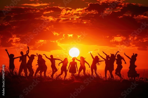 A group of people are holding hands in a field at sunset