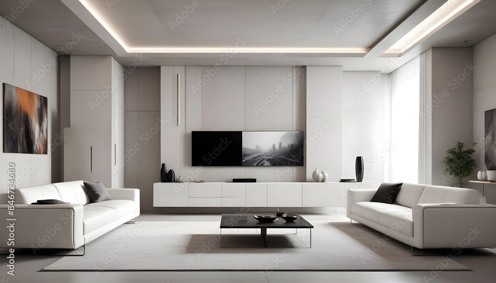 High end modern living room with white leather couch and a large flat screen tv mounted on the wall, brutalist architecture mixed with modern futuristic minimal design High end modern living room with white leather couch and a large flat screen tv mounted on the wall, brutalist architecture mixed with modern futuristic minimal design