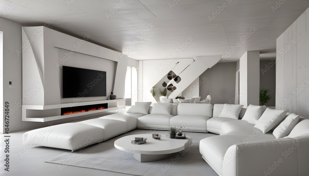 Fototapeta premium High end modern living room with white leather couch and a large flat screen tv mounted on the wall, brutalist architecture mixed with modern futuristic minimal design