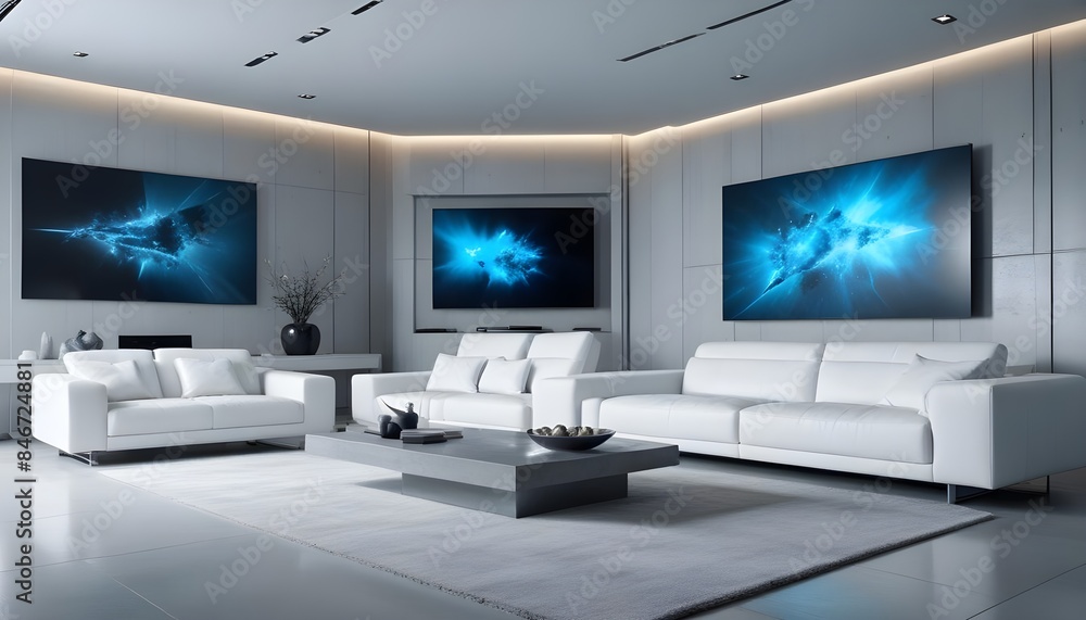 High end modern living room with white leather couch and a large flat screen tv mounted on the wall, brutalist architecture mixed with modern futuristic minimal design High end modern living room with white leather couch and a large flat screen tv mounted on the wall, brutalist architecture mixed with modern futuristic minimal design