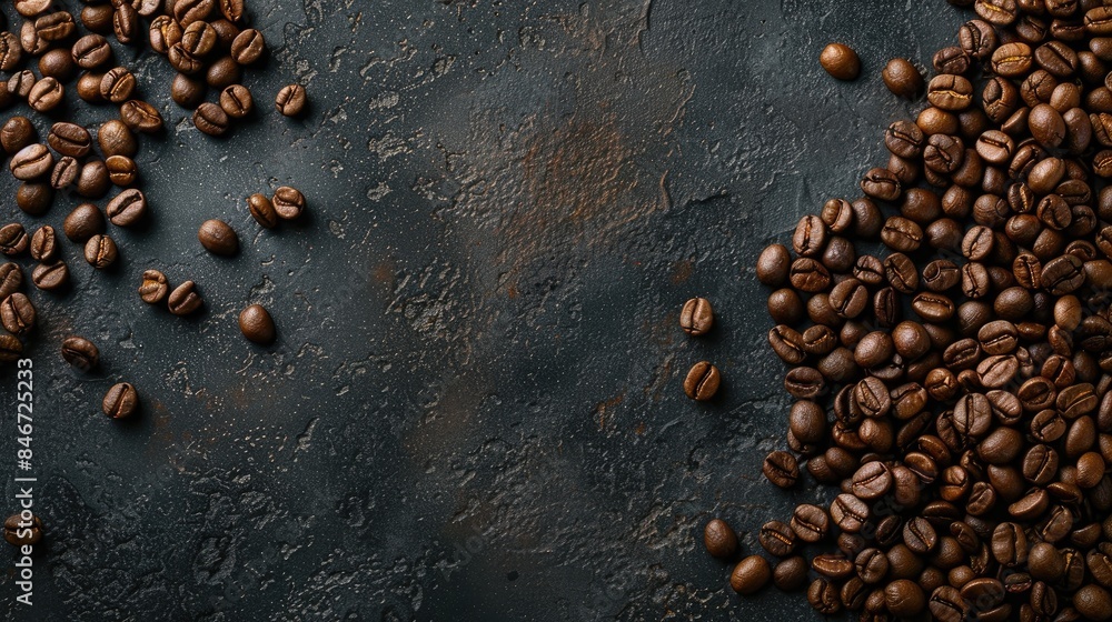 Coffee beans roasted on a dark surface with space for text Coffee beans roasted on a dark surface with space for text