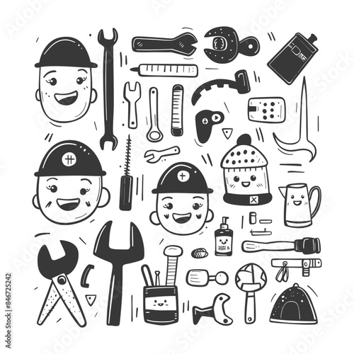 Whimsical Doodle Tools & Faces: Hand-Drawn Repair Icons, Smiling Characters.