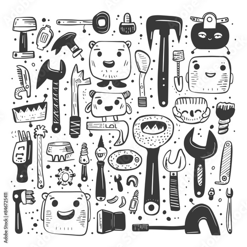 Hand-Drawn Tools & Cartoon Characters: Quirky Doodle Set
