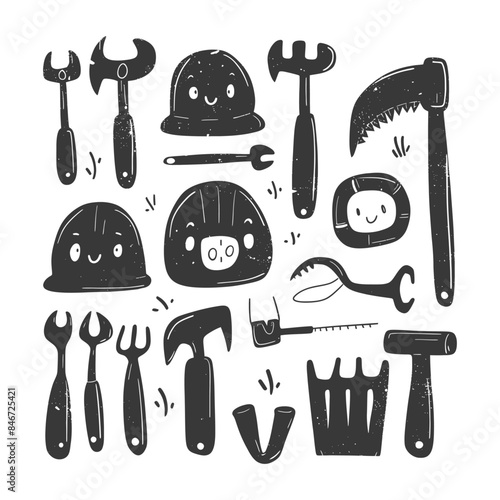 Whimsical Black & White Cartoon Tools and Protective Gear: Smiling Construction Set
