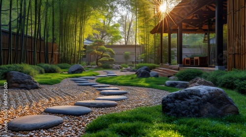 A garden with a path made of stones and a bamboo fence