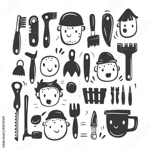 Doodle Garden Tools: Hand-Drawn, Cute Faces, Black and White Illustration