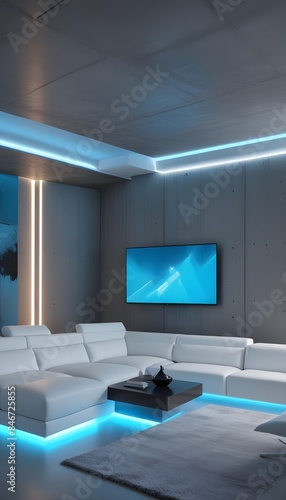 High end modern living room with white leather couch and a large flat screen tv mounted on the wall, brutalist architecture mixed with modern futuristic minimal design