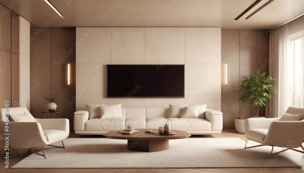 High end modern living room with white leather couch and a large flat screen tv mounted on the wall, brutalist architecture mixed with modern futuristic minimal design High end modern living room with white leather couch and a large flat screen tv mounted on the wall, brutalist architecture mixed with modern futuristic minimal design