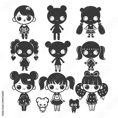 Kawaii Doll Silhouettes: Cute Chibi Girl Characters with Animal Companions - Vector Art Set
