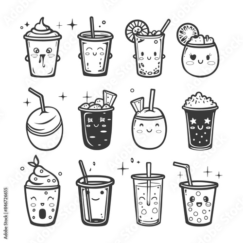 Kawaii Drinks Line Art: Cute Boba Teas, Fruity Smoothies, and Sparkling Refreshments Icons.