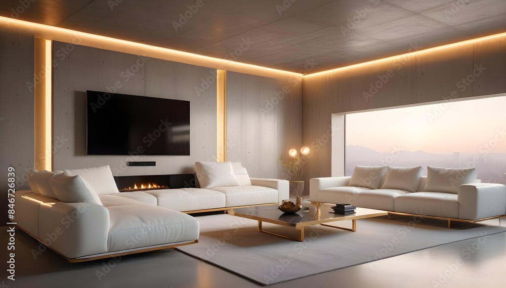 High end modern living room with white leather couch and a large flat screen tv mounted on the wall, brutalist architecture mixed with modern futuristic minimal design High end modern living room with white leather couch and a large flat screen tv mounted on the wall, brutalist architecture mixed with modern futuristic minimal design