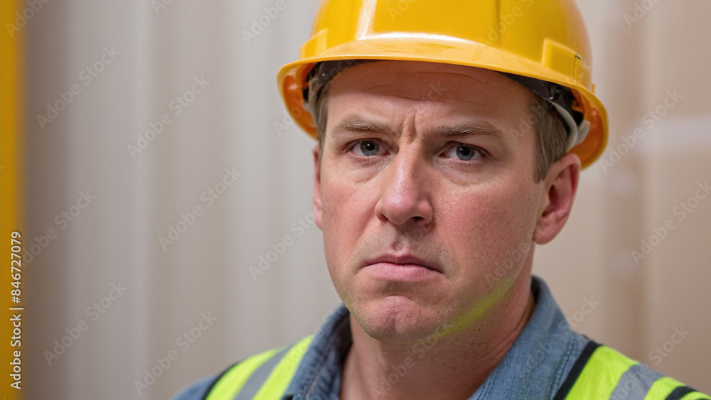 Serious White Male Construction Worker in Hard Hat and Reflective Vest Serious White Male Construction Worker in Hard Hat and Reflective Vest