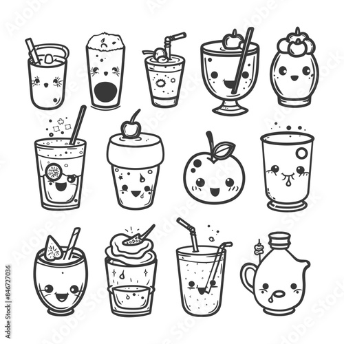 Kawaii Drinks: Cartoon Set of Adorable Beverages Line Art