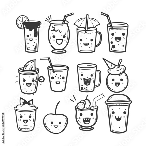 Kawaii Drinks Line Art: Cute Cocktail, Juice, and Dessert Collection.