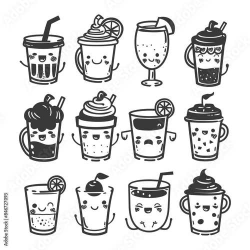 Kawaii Drink Vector Set: Cute Bubble Tea, Smoothies, and Juice Cartoon Characters, Line Art