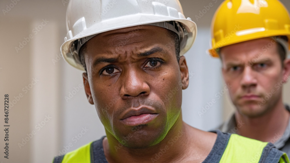 Serious Black Male Construction Worker in Hard Hat and Reflective Vest Serious Black Male Construction Worker in Hard Hat and Reflective Vest