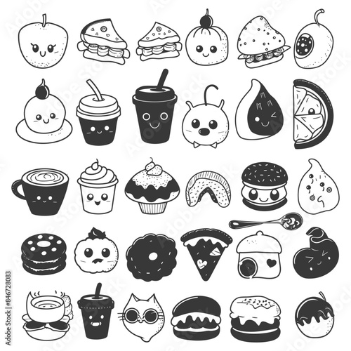 Kawaii Food Icons: Hand-Drawn Cute Meals, Desserts, and Drinks - Black and White Line Art.