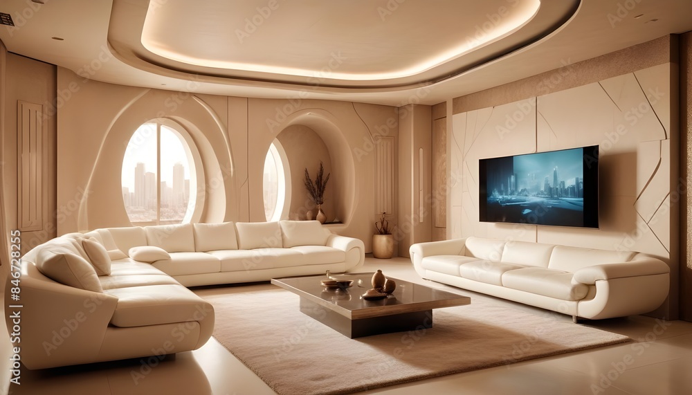 High end modern living room with white leather couch and a large flat screen tv mounted on the wall, brutalist architecture mixed with modern futuristic minimal design High end modern living room with white leather couch and a large flat screen tv mounted on the wall, brutalist architecture mixed with modern futuristic minimal design