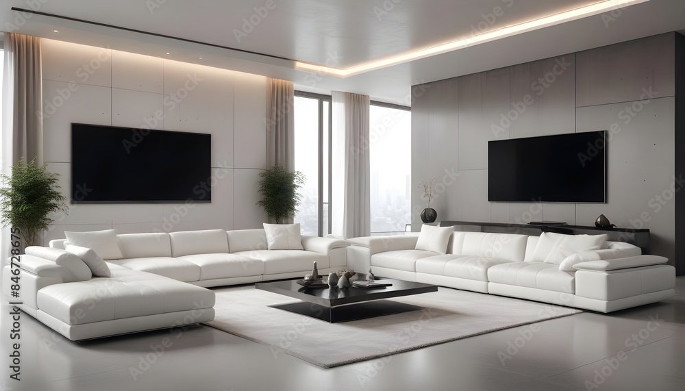 Fototapeta premium High end modern living room with white leather couch and a large flat screen tv mounted on the wall, brutalist architecture mixed with modern futuristic minimal design