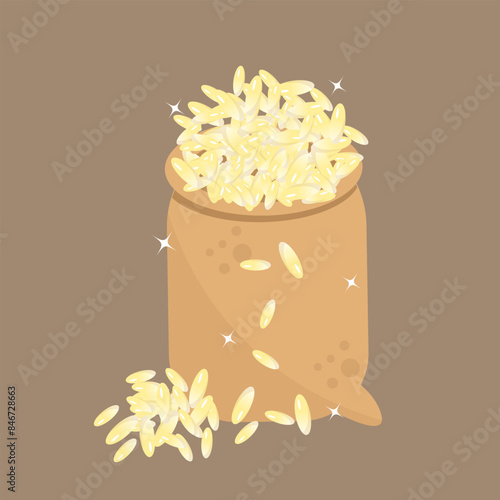 A sack of grain rice. Asian national dish. Rice in bag. 