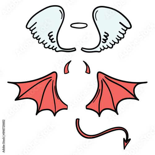 Hand drawn cartoon angel and devil wings on white background. Happy Halloween.