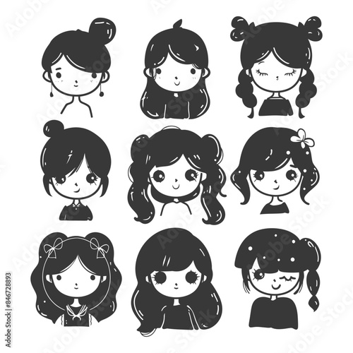 Hand-Drawn Girl Avatar Set: Cute Black and White Cartoon Characters with Varied Hairstyles