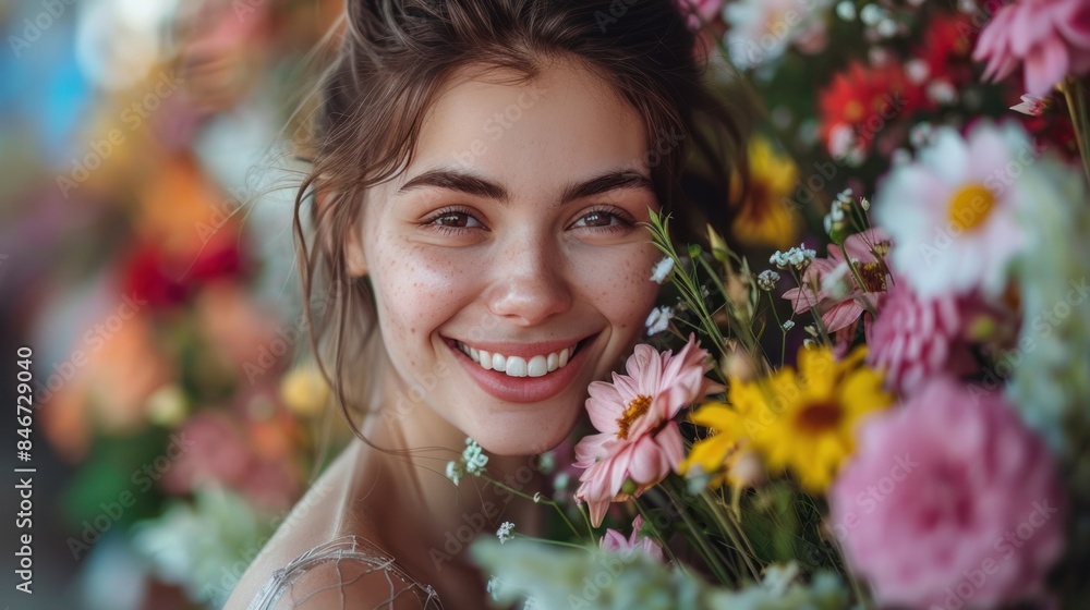 A close-up of a happy woman overflowing with spring flowers, wearing a sophisticated Easter dress, and beaming with joy A close-up of a happy woman overflowing with spring flowers, wearing a sophisticated Easter dress, and beaming with joy