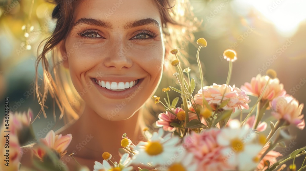A close-up of a happy woman overflowing with spring flowers, wearing a sophisticated Easter dress, and beaming with joy A close-up of a happy woman overflowing with spring flowers, wearing a sophisticated Easter dress, and beaming with joy