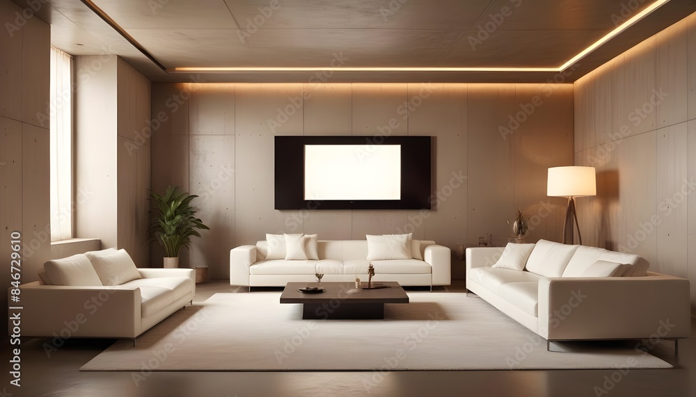 Fototapeta premium High end modern living room with white leather couch and a large flat screen tv mounted on the wall, brutalist architecture mixed with modern futuristic minimal design