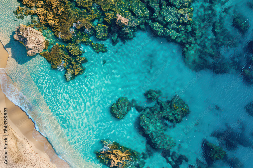 Obraz premium Aerial View of Pristine Coral Reef and Crystal Clear Turquoise Water Near a Sandy Beach Stunning Coastal Scenery, Perfect for Nature Lovers and Travel Enthusiasts