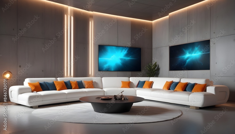 High end modern living room with white leather couch and a large flat screen tv mounted on the wall, brutalist architecture mixed with modern futuristic minimal design High end modern living room with white leather couch and a large flat screen tv mounted on the wall, brutalist architecture mixed with modern futuristic minimal design