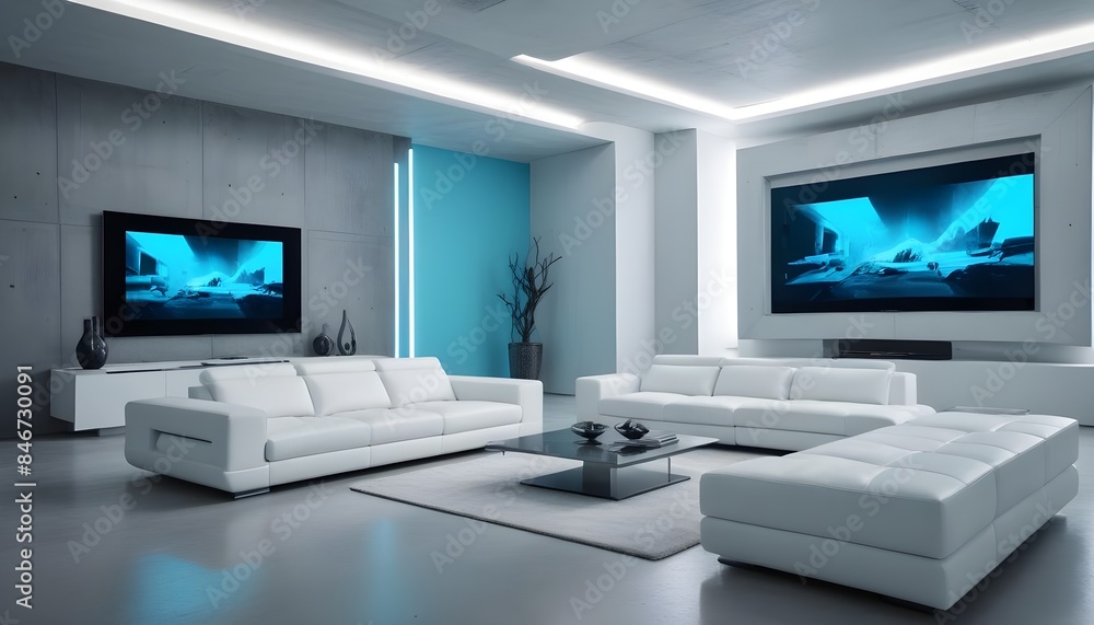 High end modern living room with white leather couch and a large flat screen tv mounted on the wall, brutalist architecture mixed with modern futuristic minimal design High end modern living room with white leather couch and a large flat screen tv mounted on the wall, brutalist architecture mixed with modern futuristic minimal design