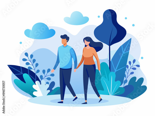 Couple Walking Hand-in-Hand in a Park - Love and Togetherness Vector Illustration