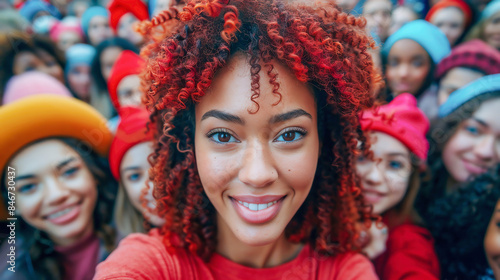Female influencer snapping a group selfie with a crowd of fans. Woman taking photo on a offline meeting