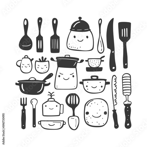 Doodle Kitchenware: Cute Cartoon Cooking Utensils, Black and White Line Art.
