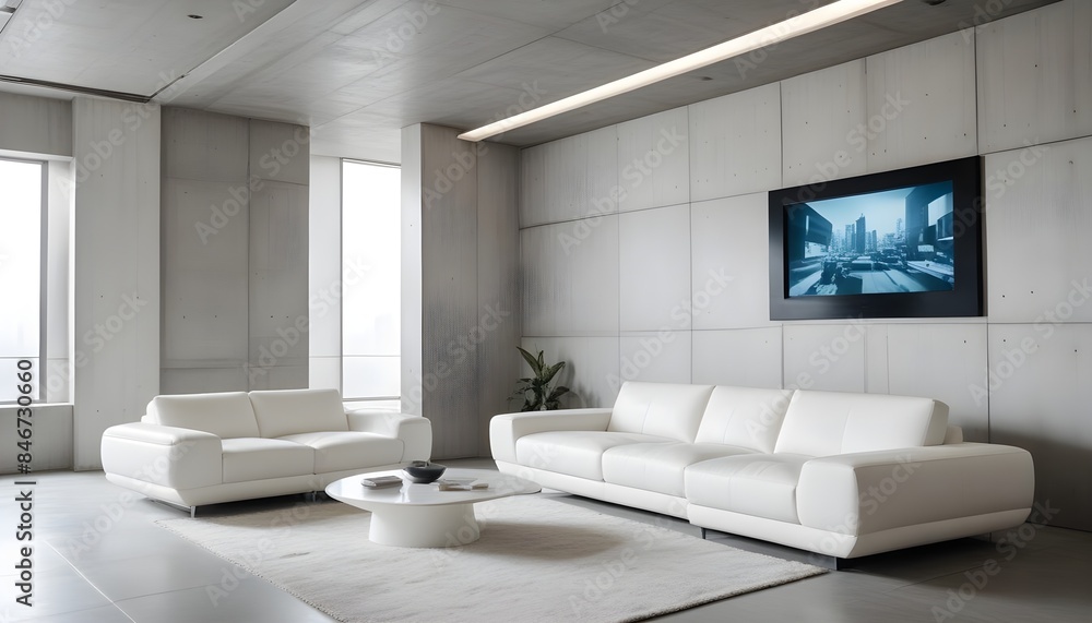 Fototapeta premium High end modern living room with white leather couch and a large flat screen tv mounted on the wall, brutalist architecture mixed with modern futuristic minimal design